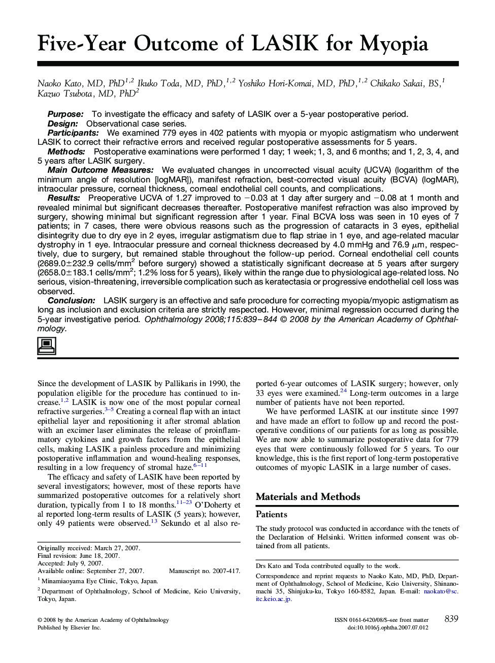 Five-Year Outcome of LASIK for Myopia