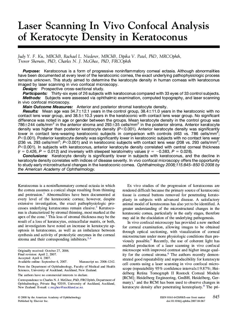 Laser Scanning In Vivo Confocal Analysis of Keratocyte Density in Keratoconus