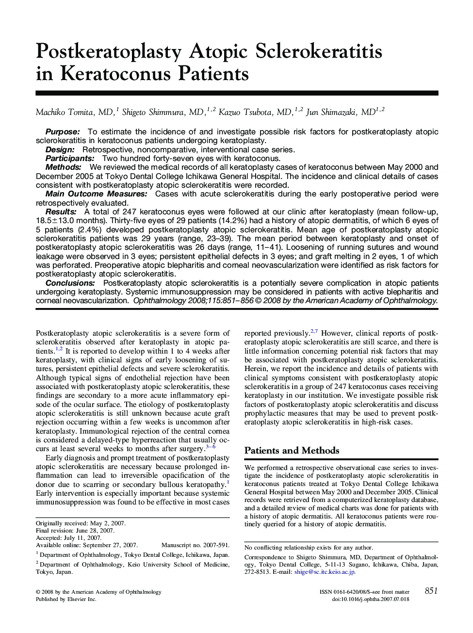 Postkeratoplasty Atopic Sclerokeratitis in Keratoconus Patients 