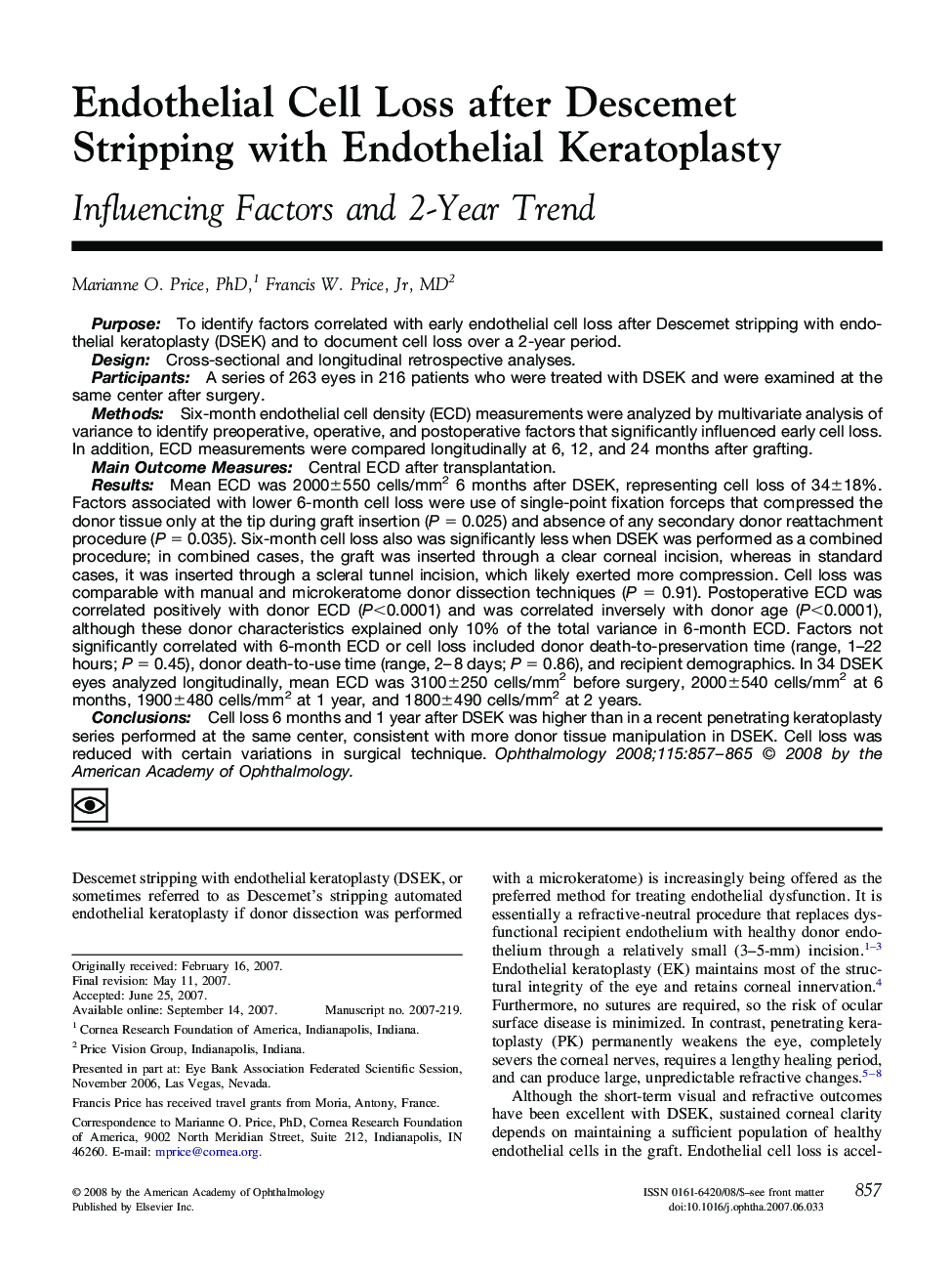 Endothelial Cell Loss after Descemet Stripping with Endothelial Keratoplasty