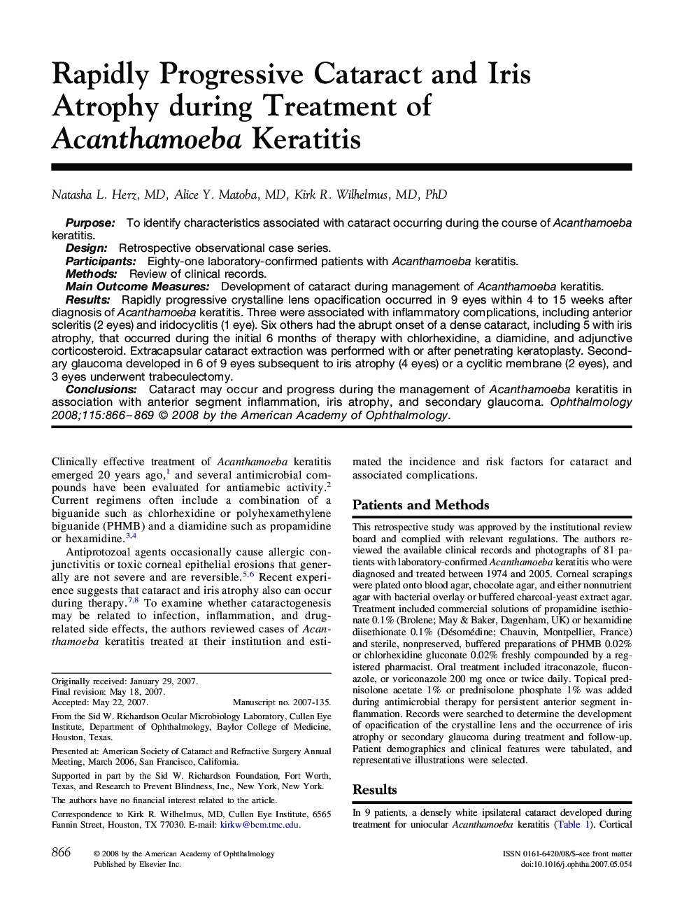 Rapidly Progressive Cataract and Iris Atrophy during Treatment of Acanthamoeba Keratitis