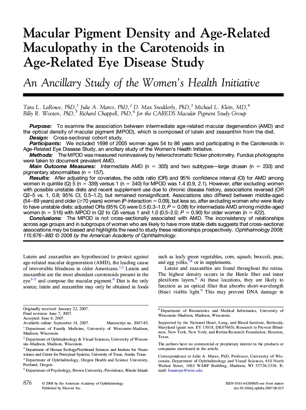 Macular Pigment Density and Age-Related Maculopathy in the Carotenoids in Age-Related Eye Disease Study
