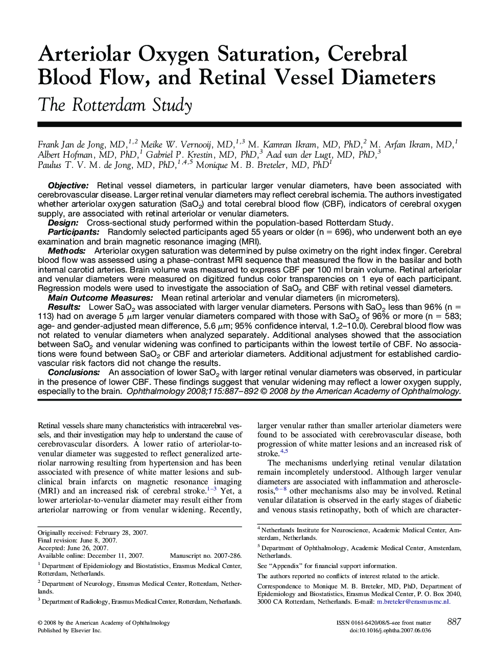 Arteriolar Oxygen Saturation, Cerebral Blood Flow, and Retinal Vessel Diameters : The Rotterdam Study