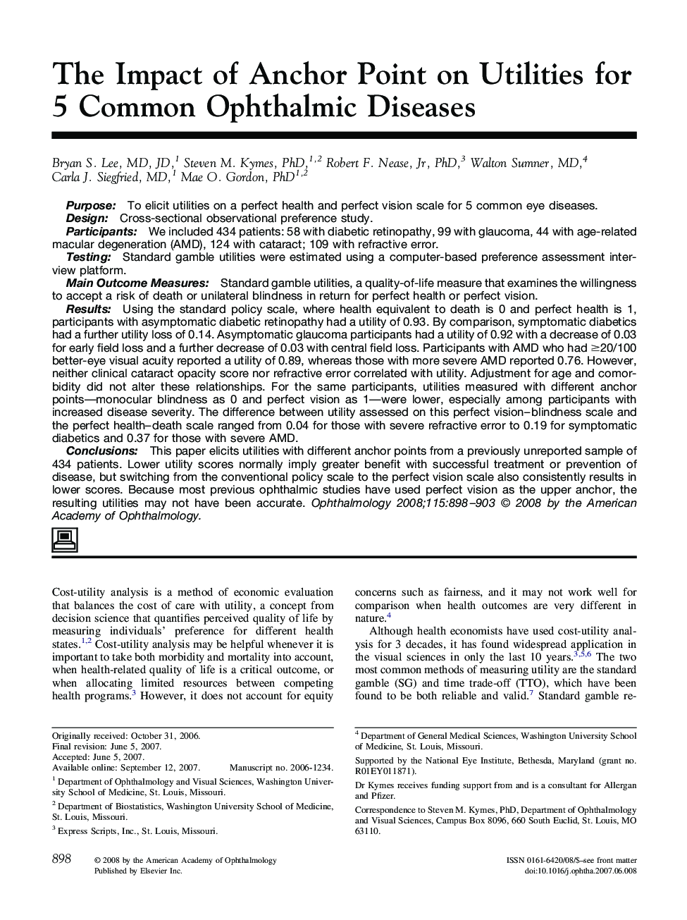 The Impact of Anchor Point on Utilities for 5 Common Ophthalmic Diseases