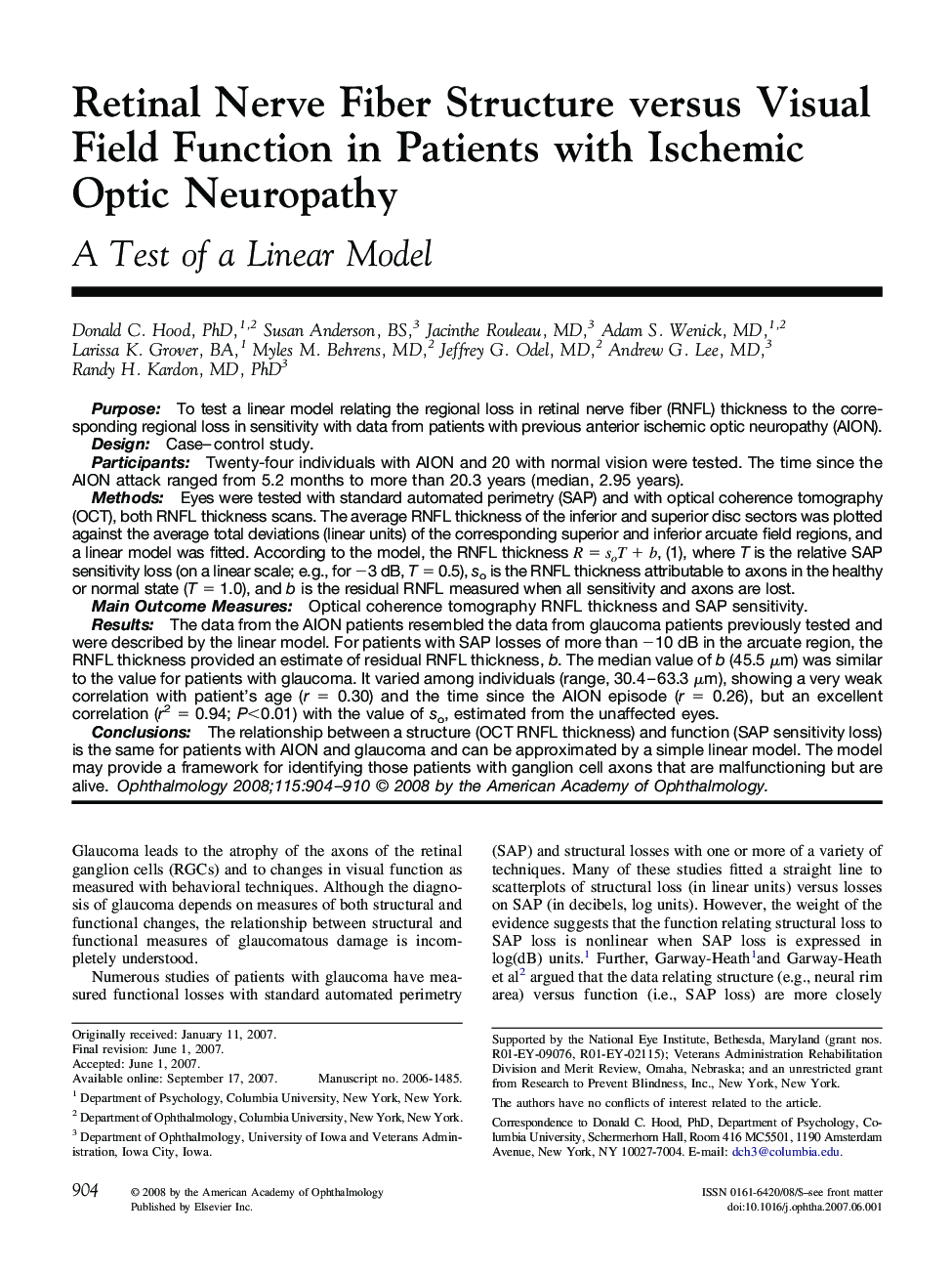 Retinal Nerve Fiber Structure versus Visual Field Function in Patients with Ischemic Optic Neuropathy