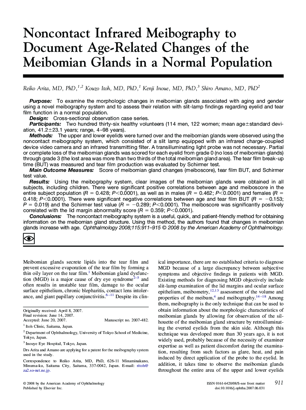 Noncontact Infrared Meibography to Document Age-Related Changes of the Meibomian Glands in a Normal Population 