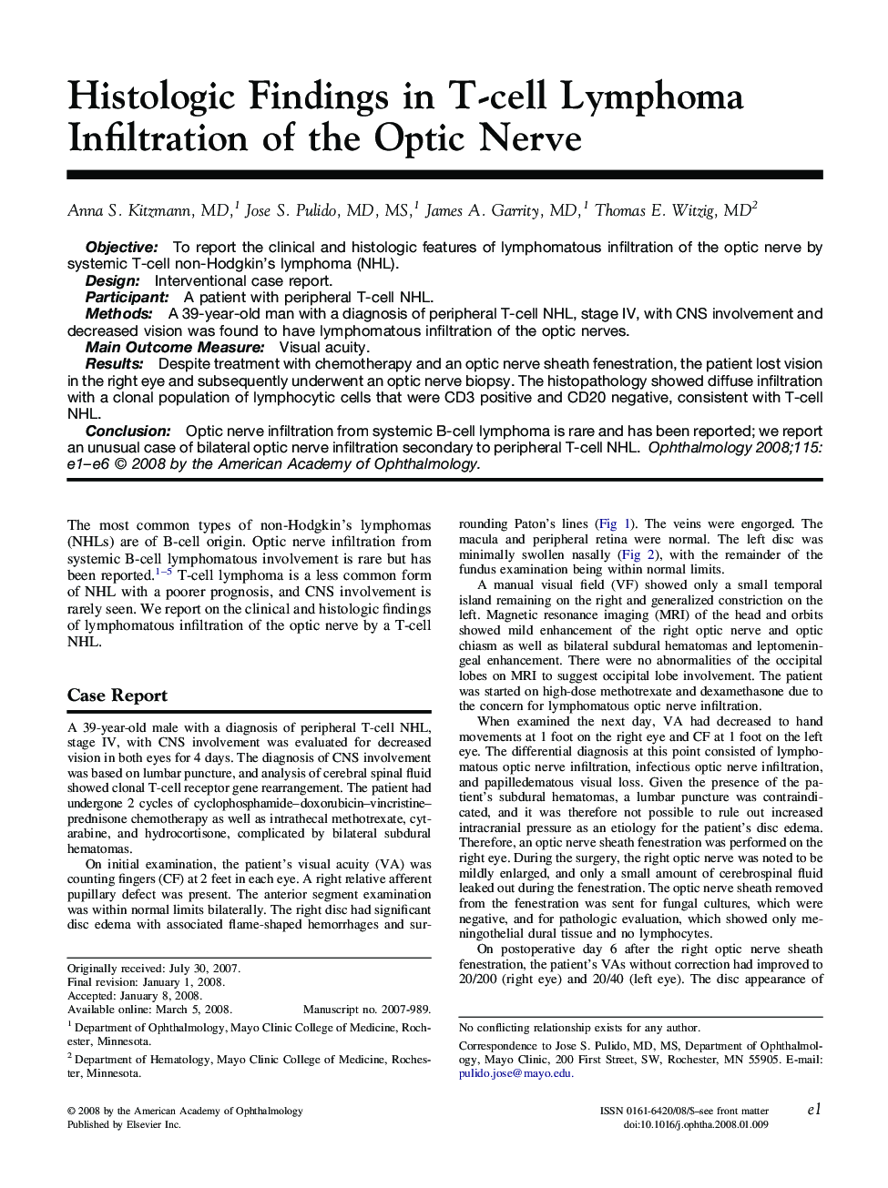 Histologic Findings in T-cell Lymphoma Infiltration of the Optic Nerve