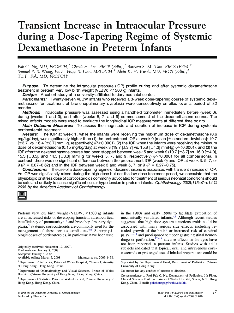 Transient Increase in Intraocular Pressure during a Dose-Tapering Regime of Systemic Dexamethasone in Preterm Infants