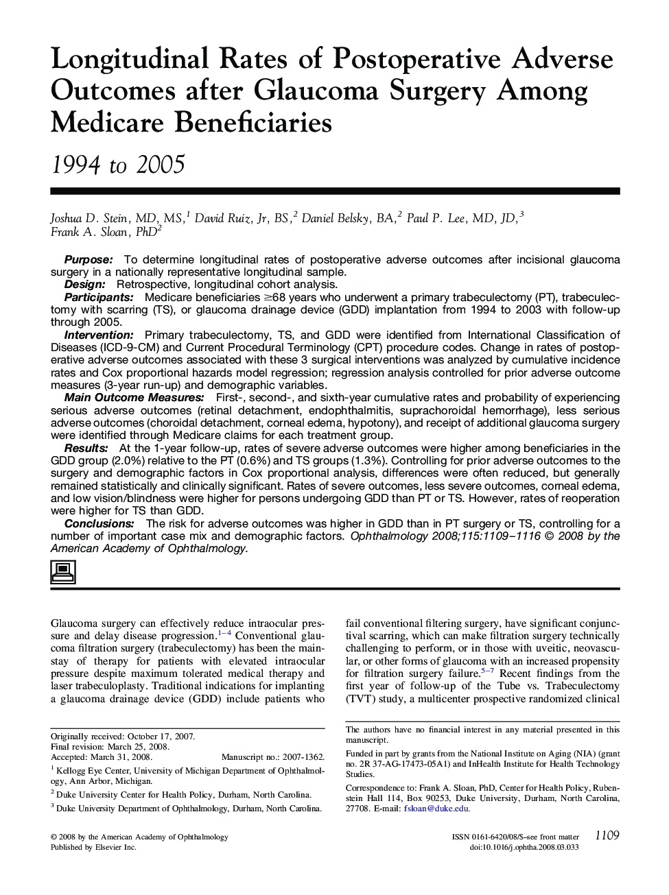 Longitudinal Rates of Postoperative Adverse Outcomes after Glaucoma Surgery Among Medicare Beneficiaries