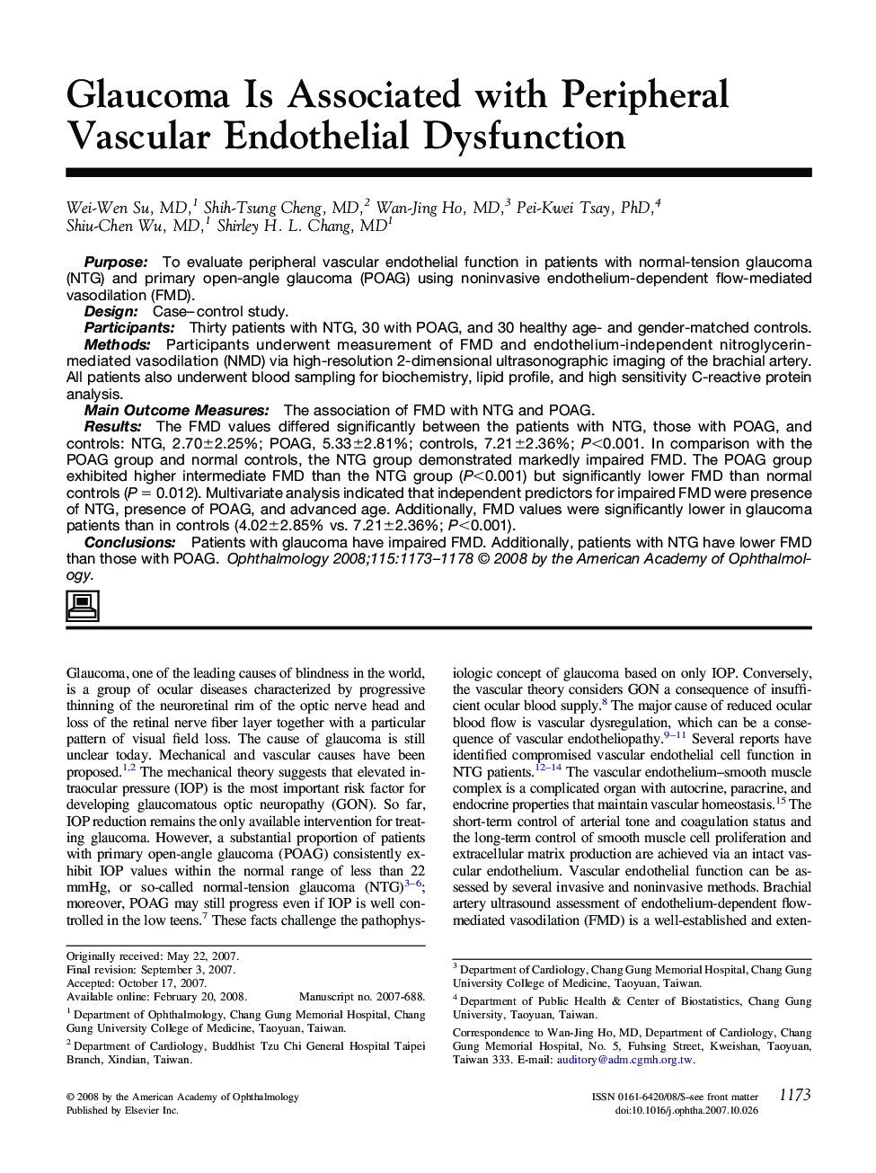 Glaucoma Is Associated with Peripheral Vascular Endothelial Dysfunction