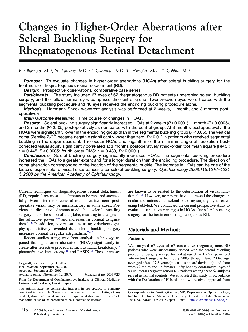 Changes in Higher-Order Aberrations after Scleral Buckling Surgery for Rhegmatogenous Retinal Detachment
