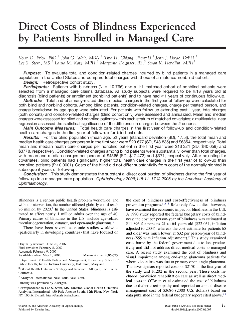 Direct Costs of Blindness Experienced by Patients Enrolled in Managed Care