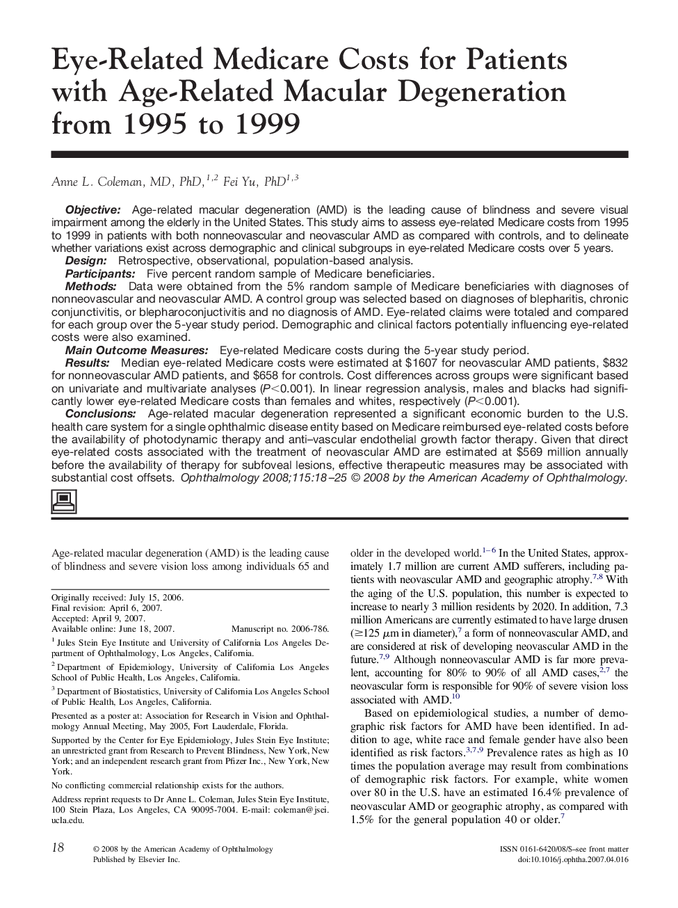 Eye-Related Medicare Costs for Patients with Age-Related Macular Degeneration from 1995 to 1999