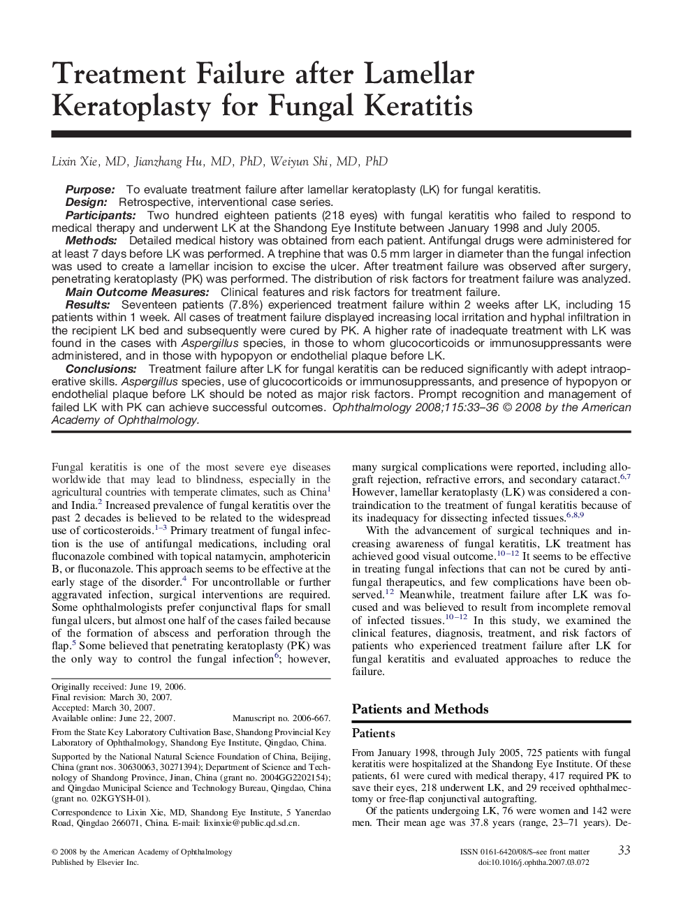 Treatment Failure after Lamellar Keratoplasty for Fungal Keratitis