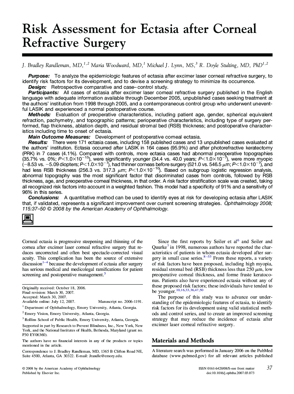 Risk Assessment for Ectasia after Corneal Refractive Surgery