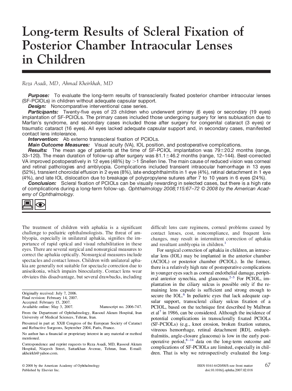 Long-term Results of Scleral Fixation of Posterior Chamber Intraocular Lenses in Children