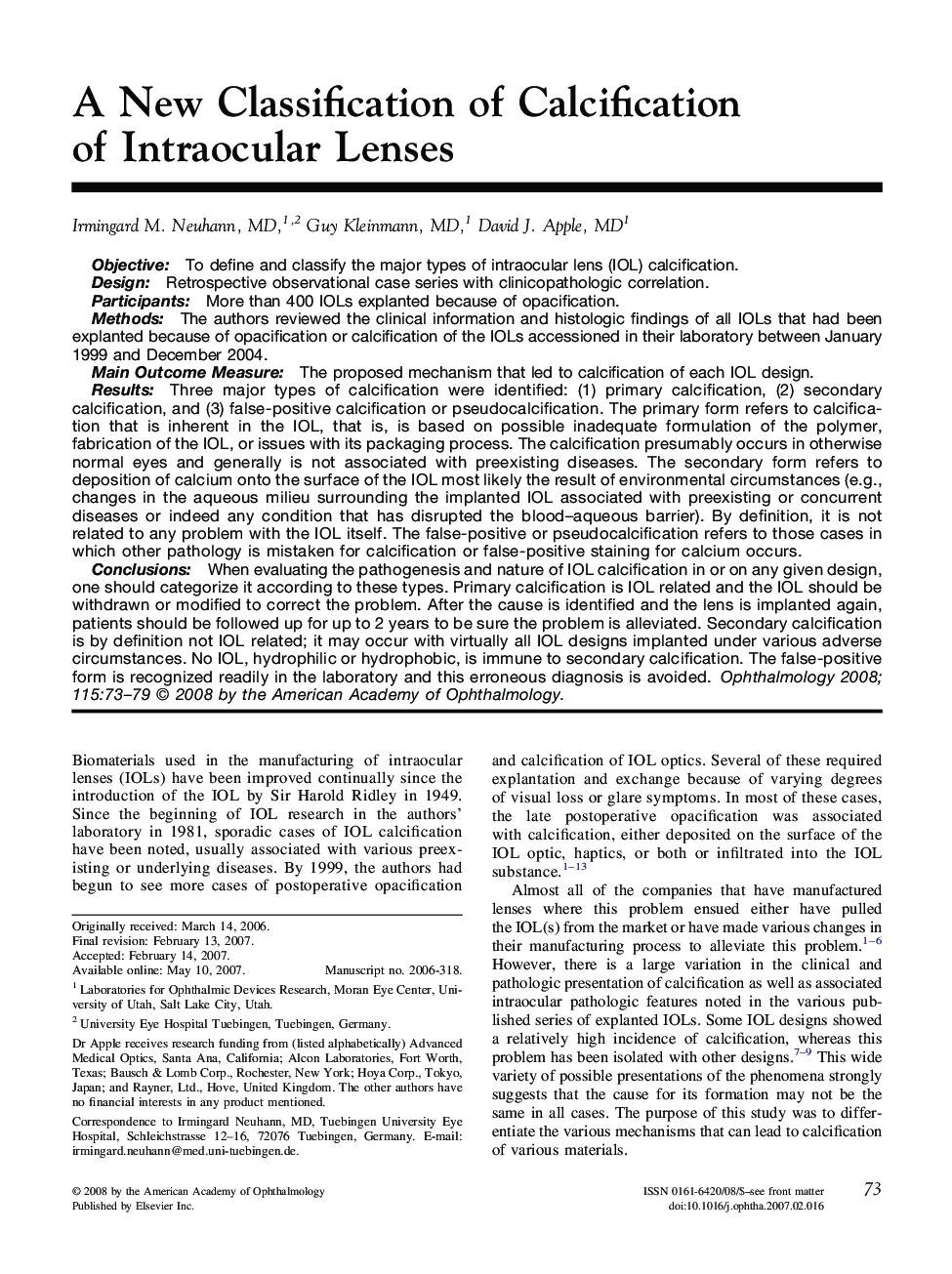 A New Classification of Calcification of Intraocular Lenses