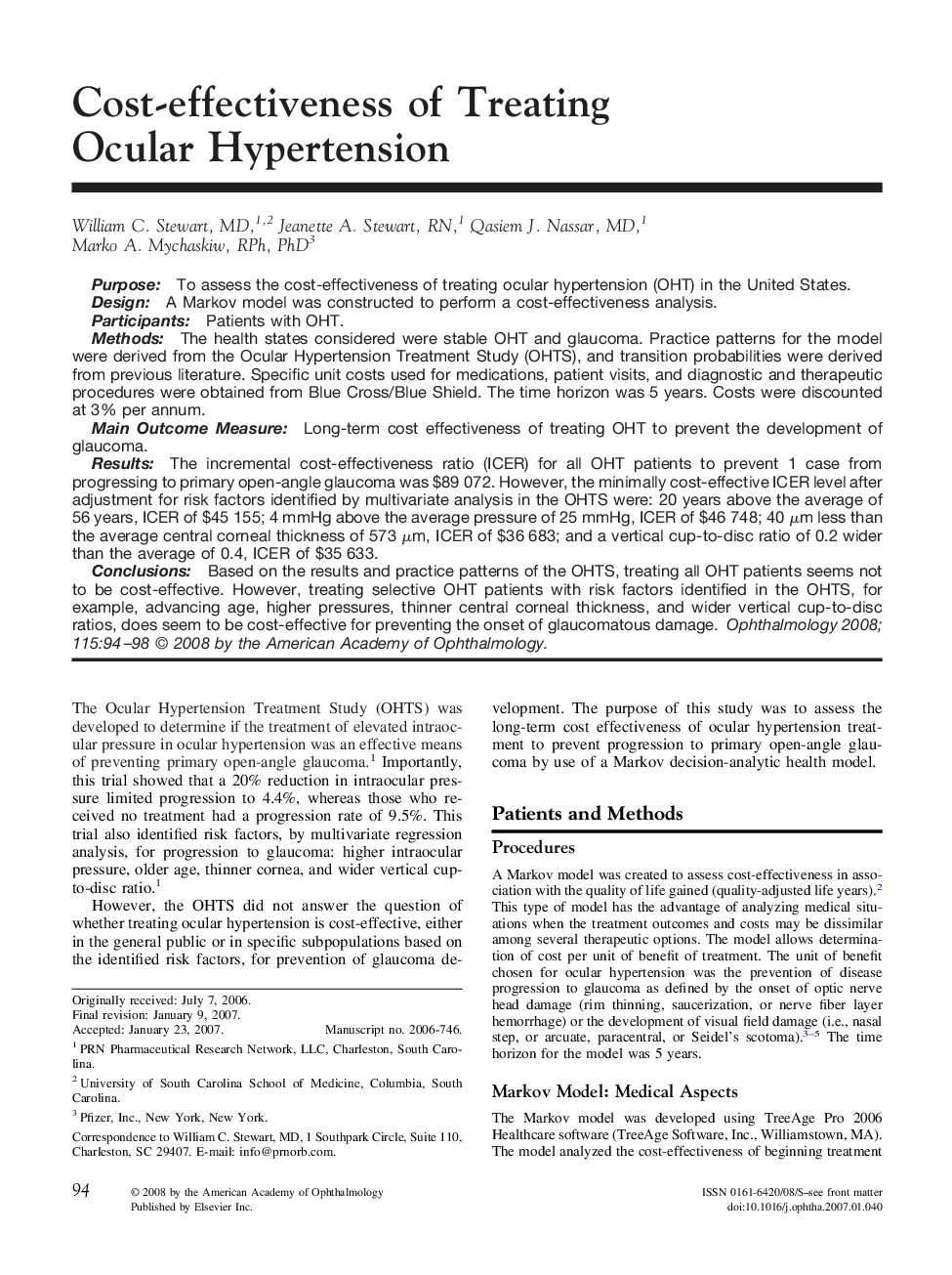 Cost-effectiveness of Treating Ocular Hypertension