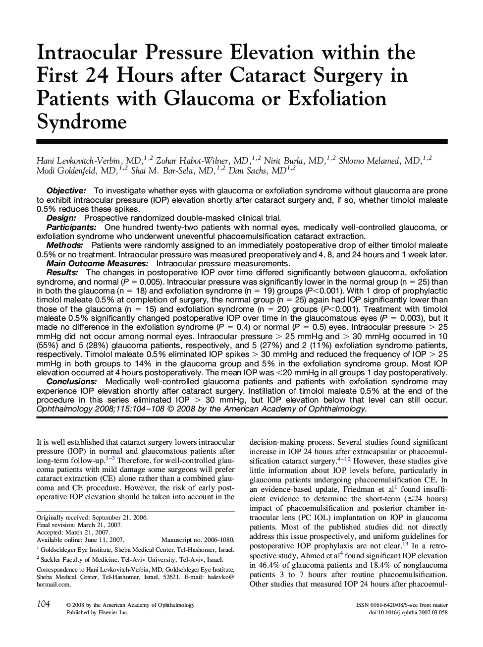 Intraocular Pressure Elevation within the First 24 Hours after Cataract Surgery in Patients with Glaucoma or Exfoliation Syndrome