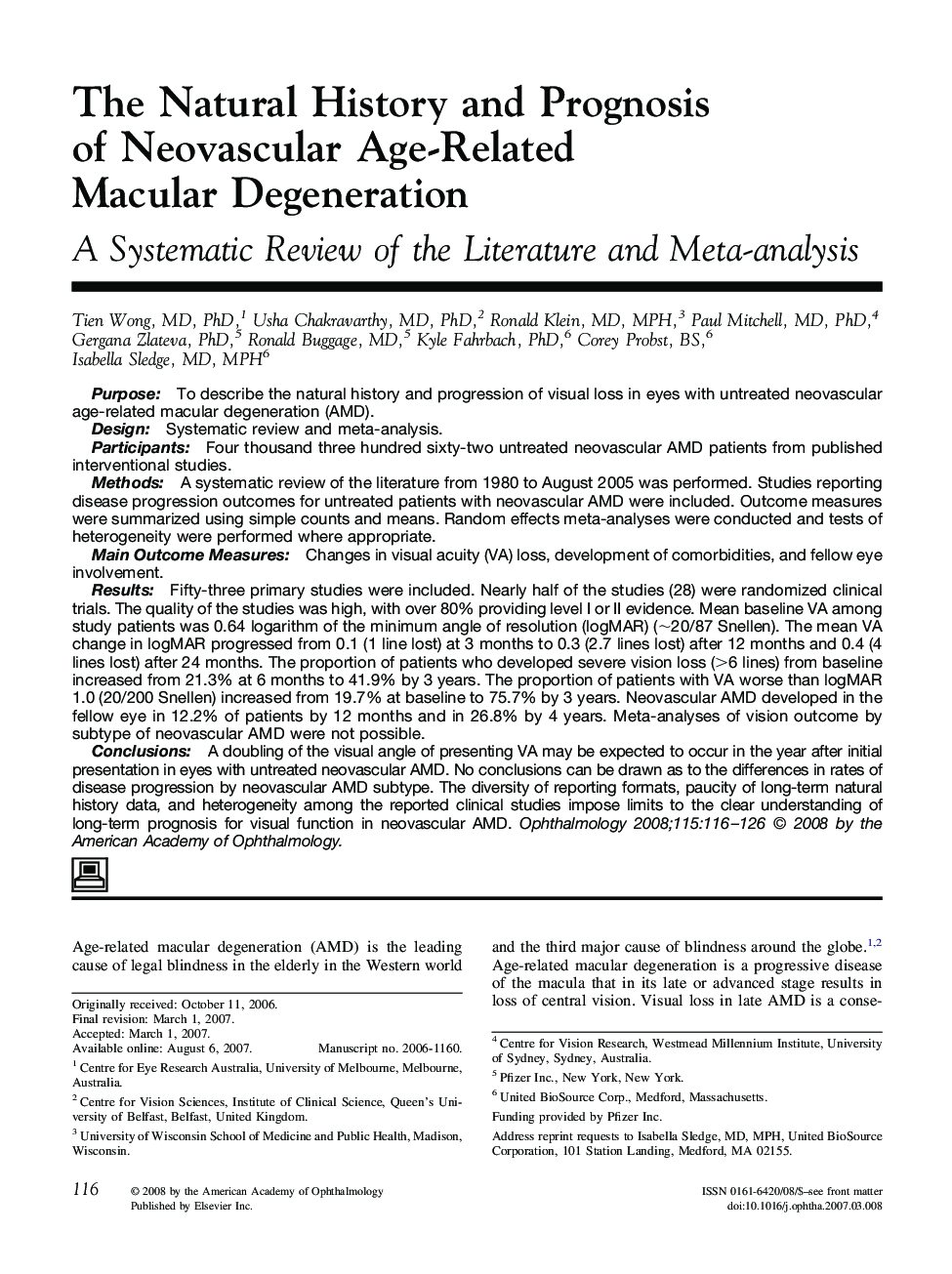 The Natural History and Prognosis of Neovascular Age-Related Macular Degeneration