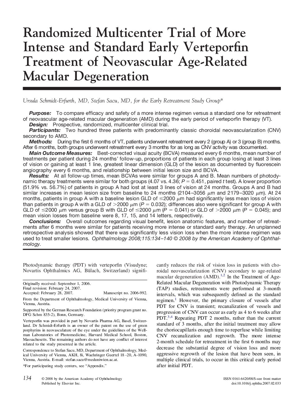 Randomized Multicenter Trial of More Intense and Standard Early Verteporfin Treatment of Neovascular Age-Related Macular Degeneration