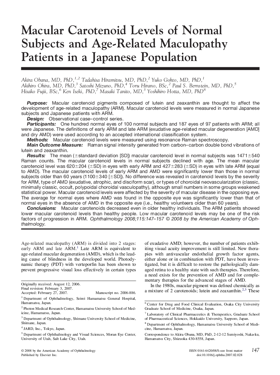 Macular Carotenoid Levels of Normal Subjects and Age-Related Maculopathy Patients in a Japanese Population
