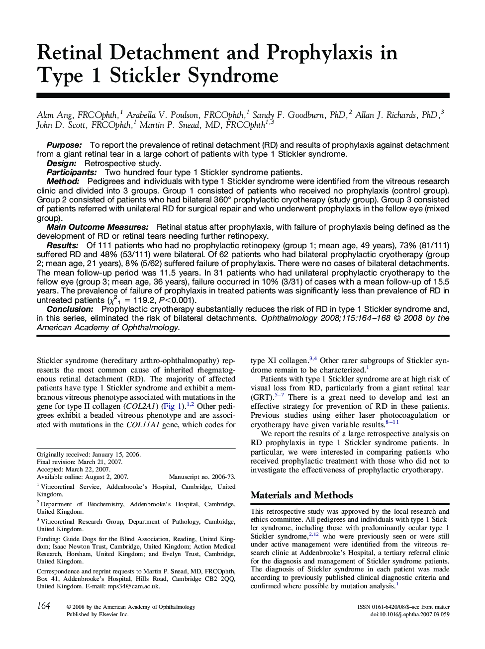 Retinal Detachment and Prophylaxis in Type 1 Stickler Syndrome