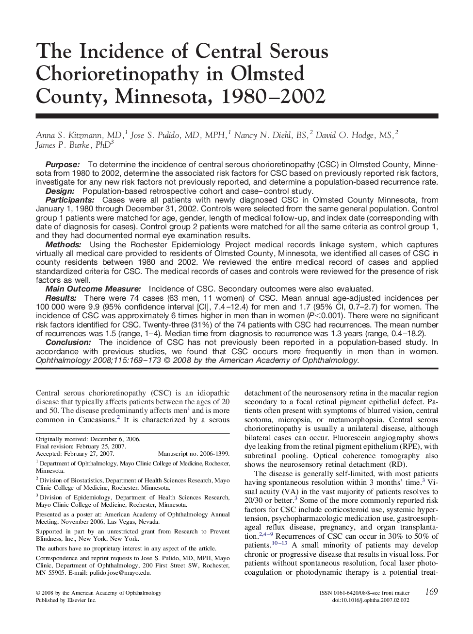 The Incidence of Central Serous Chorioretinopathy in Olmsted County, Minnesota, 1980-2002