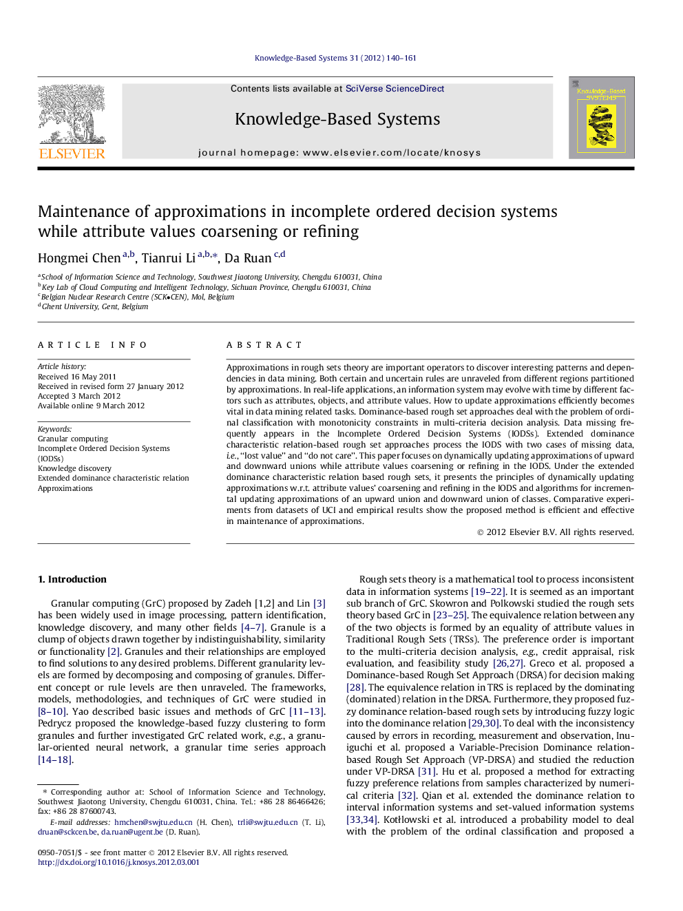 Maintenance of approximations in incomplete ordered decision systems while attribute values coarsening or refining