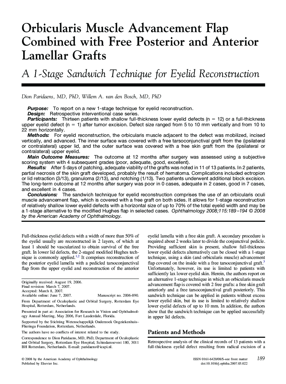 Orbicularis Muscle Advancement Flap Combined with Free Posterior and Anterior Lamellar Grafts : A 1-Stage Sandwich Technique for Eyelid Reconstruction