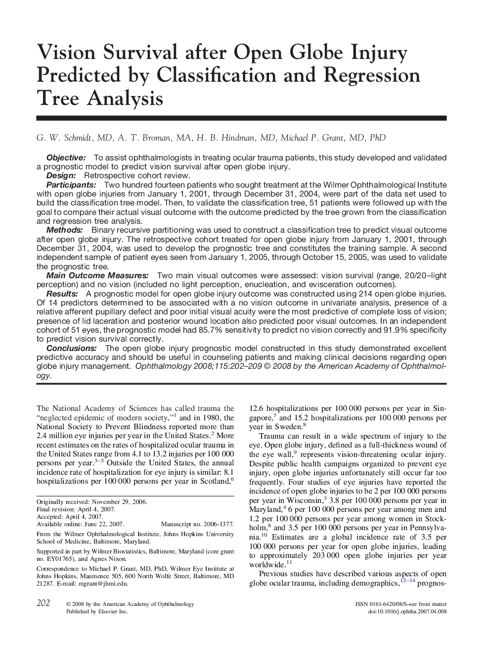 Vision Survival after Open Globe Injury Predicted by Classification and Regression Tree Analysis 