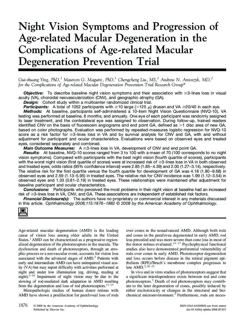 Night Vision Symptoms and Progression of Age-related Macular Degeneration in the Complications of Age-related Macular Degeneration Prevention Trial