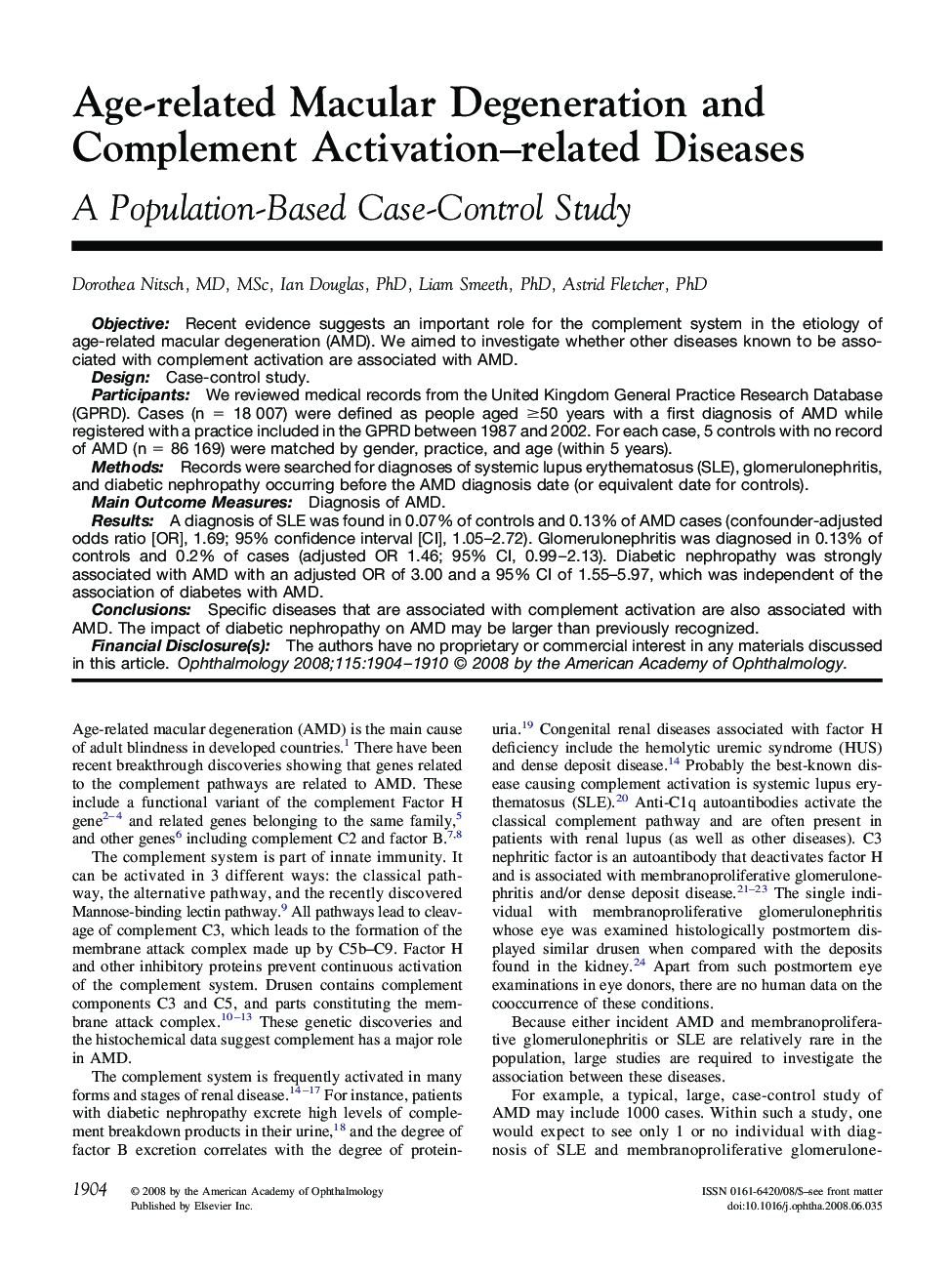 Age-related Macular Degeneration and Complement Activation-related Diseases