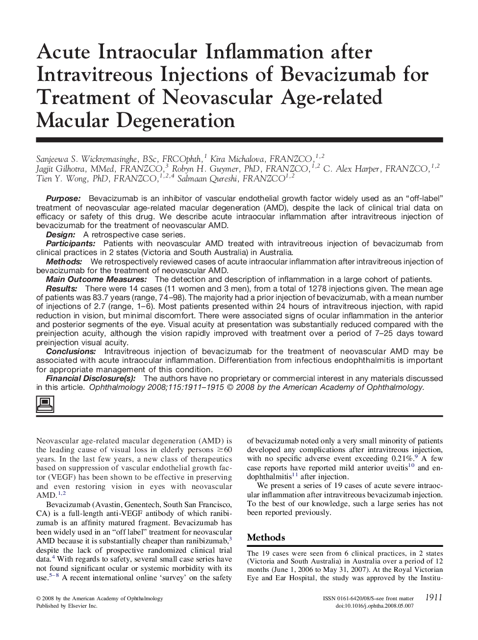 Acute Intraocular Inflammation after Intravitreous Injections of Bevacizumab for Treatment of Neovascular Age-related Macular Degeneration