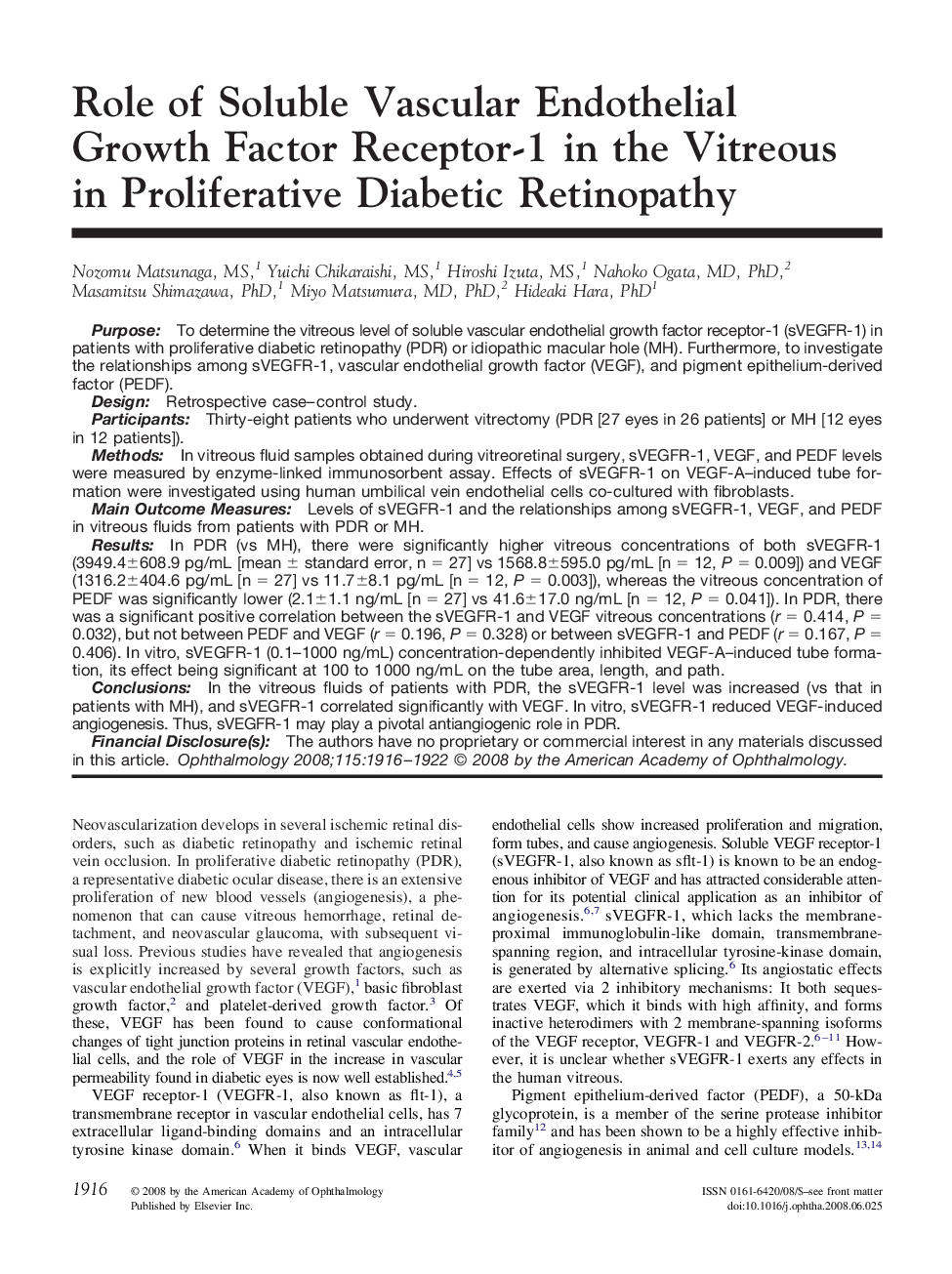 Role of Soluble Vascular Endothelial Growth Factor Receptor-1 in the Vitreous in Proliferative Diabetic Retinopathy