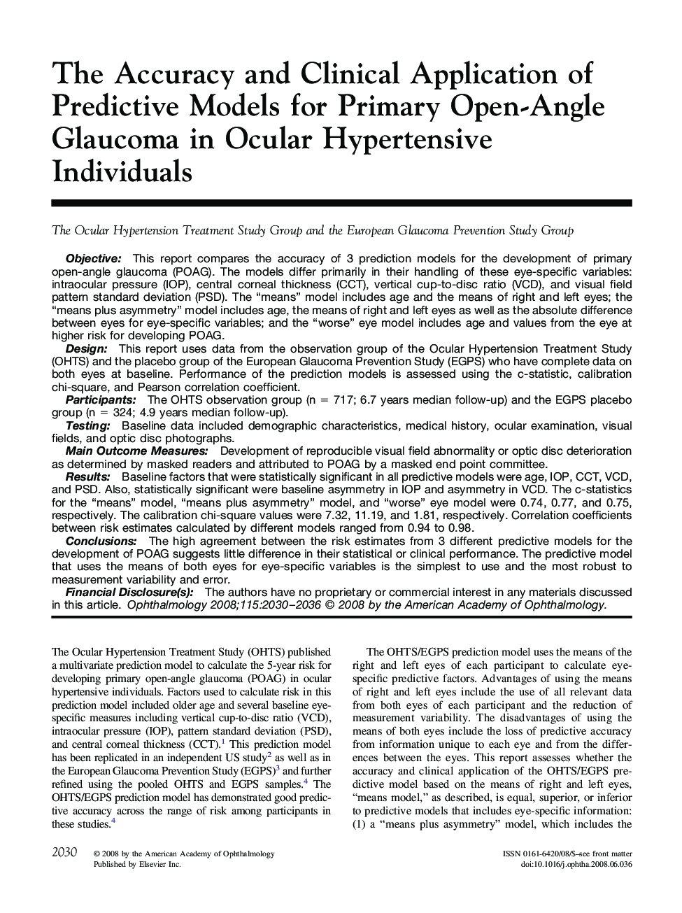 The Accuracy and Clinical Application of Predictive Models for Primary Open-Angle Glaucoma in Ocular Hypertensive Individuals