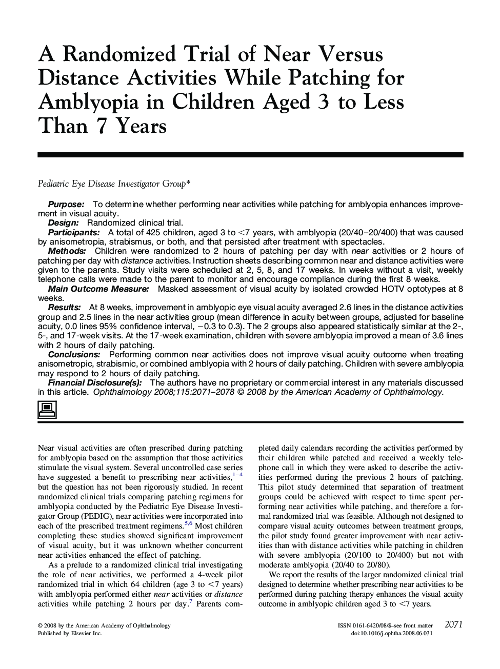 عکس صفحه اول مقاله: A Randomized Trial of Near Versus Distance Activities While Patching for Amblyopia in Children Aged 3 to Less Than 7 Years A Randomized Trial of Near Versus Distance Activities While Patching for Amblyopia in Children Aged 3 to Less Than 7 Years
