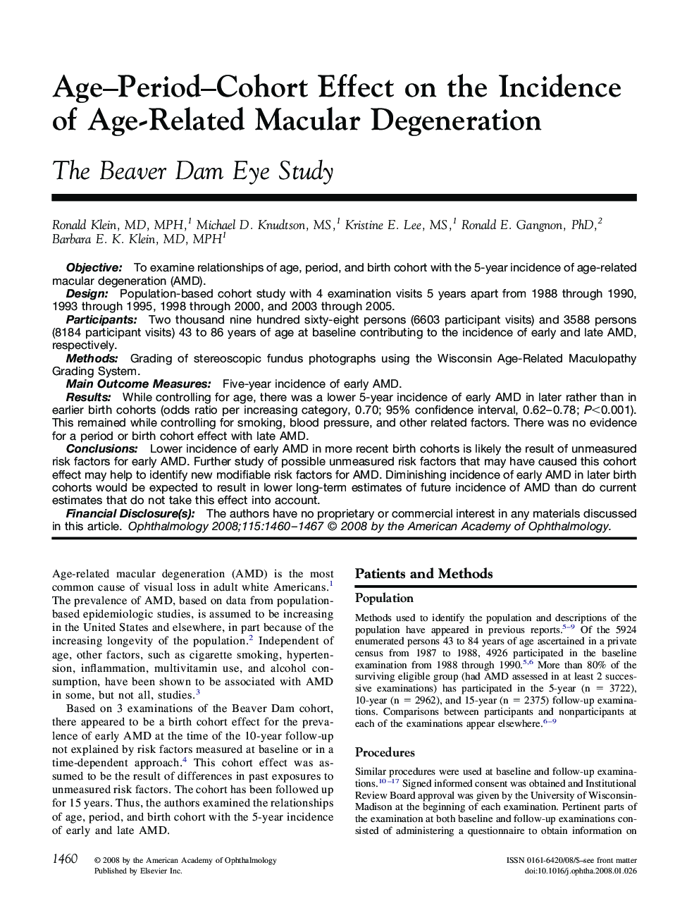 Age-Period-Cohort Effect on the Incidence of Age-Related Macular Degeneration