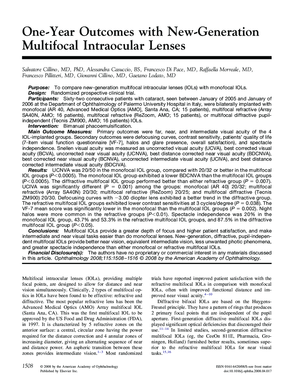 One-Year Outcomes with New-Generation Multifocal Intraocular Lenses