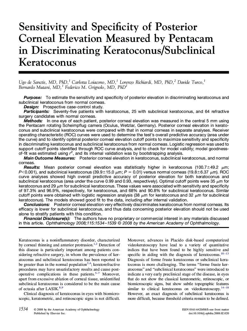 Sensitivity and Specificity of Posterior Corneal Elevation Measured by Pentacam in Discriminating Keratoconus/Subclinical Keratoconus