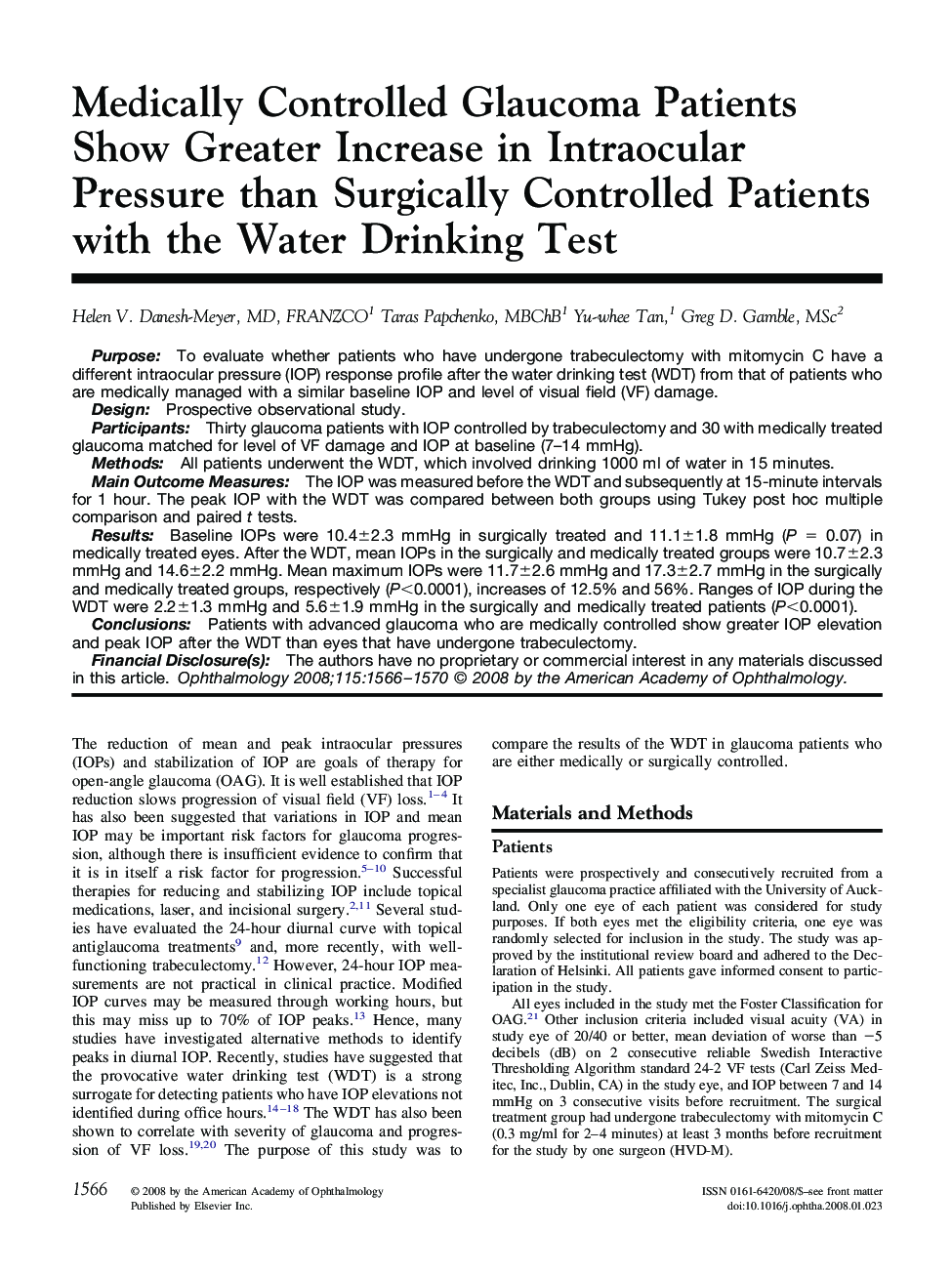 Medically Controlled Glaucoma Patients Show Greater Increase in Intraocular Pressure than Surgically Controlled Patients with the Water Drinking Test