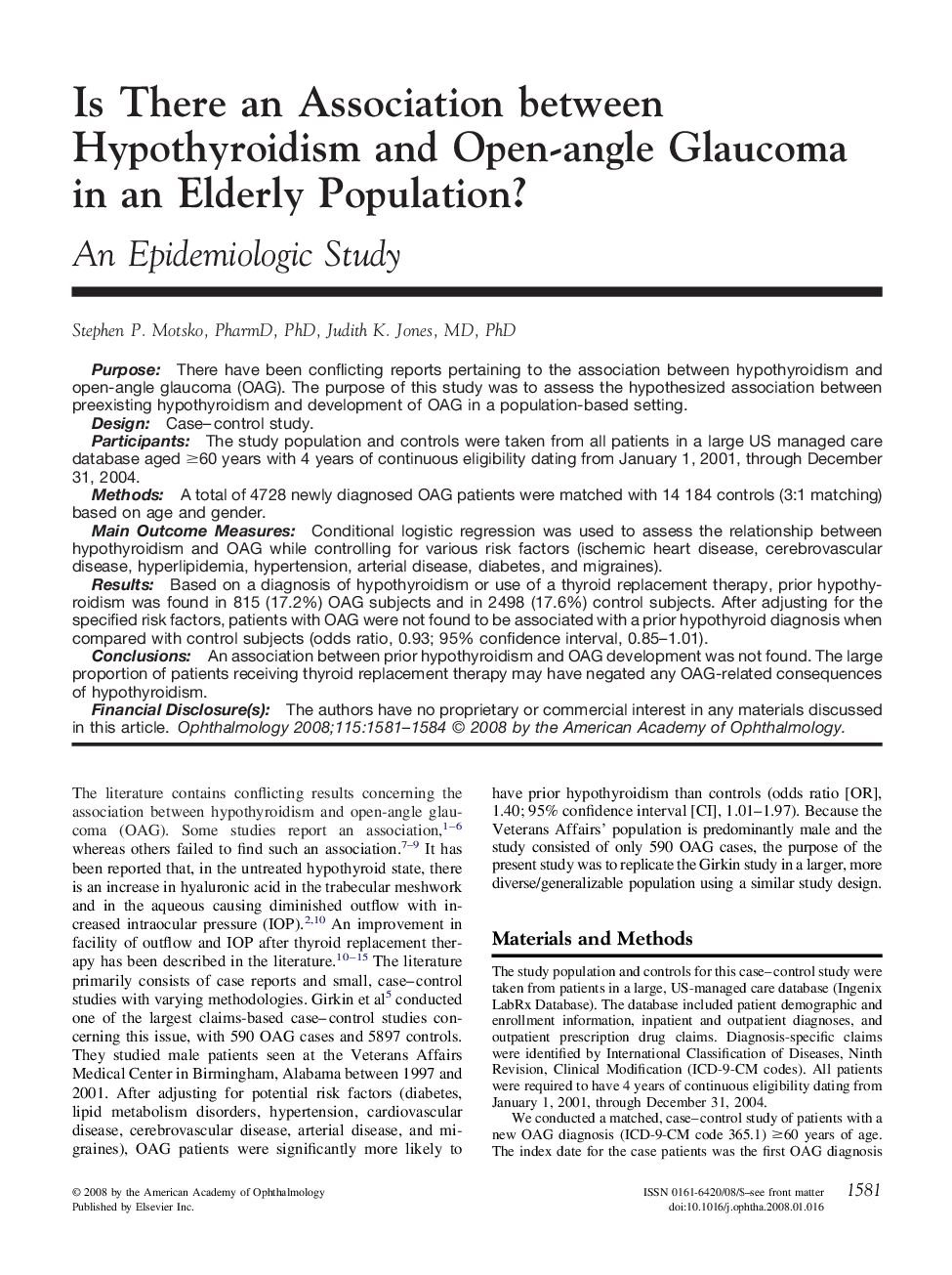 Is There an Association between Hypothyroidism and Open-angle Glaucoma in an Elderly Population?
