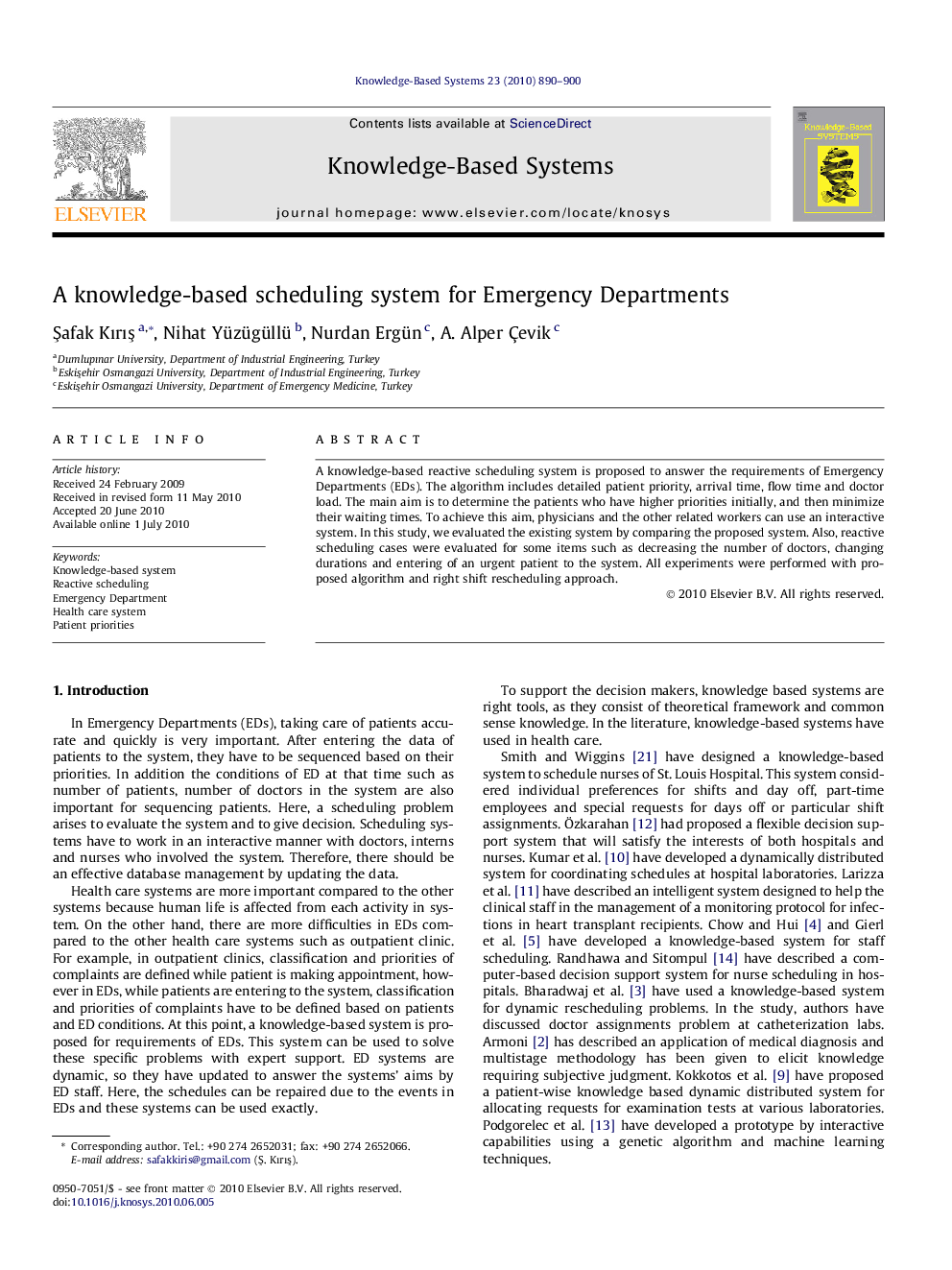 A knowledge-based scheduling system for Emergency Departments