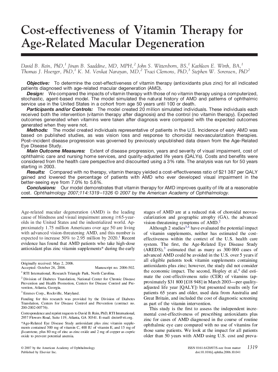 Cost-effectiveness of Vitamin Therapy for Age-Related Macular Degeneration