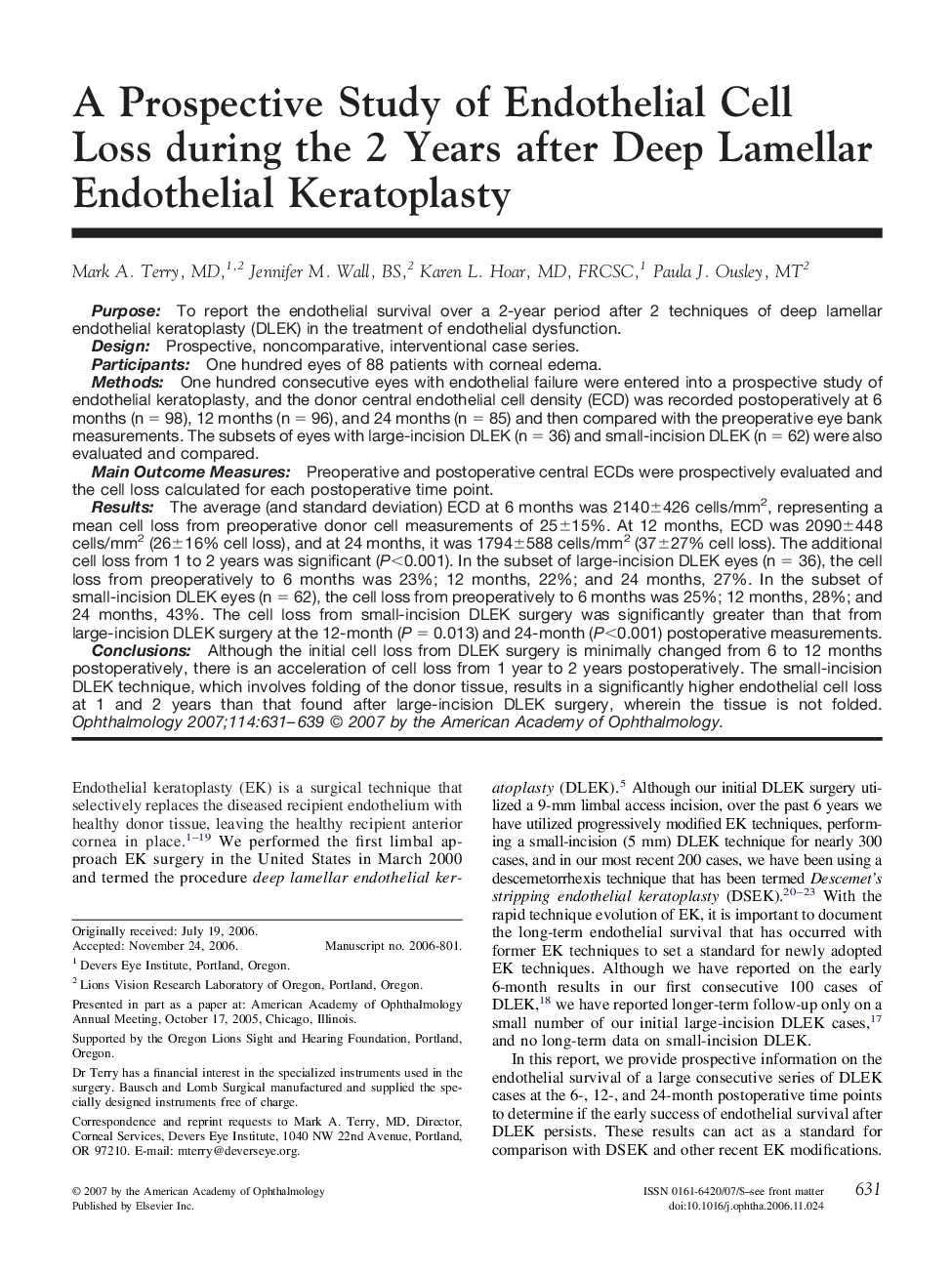 A Prospective Study of Endothelial Cell Loss during the 2 Years after Deep Lamellar Endothelial Keratoplasty