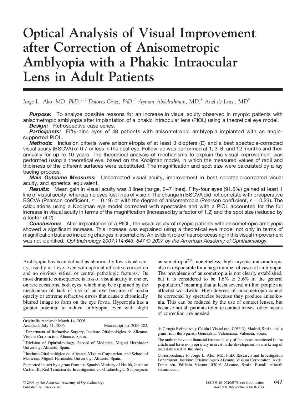 Optical Analysis of Visual Improvement after Correction of Anisometropic Amblyopia with a Phakic Intraocular Lens in Adult Patients