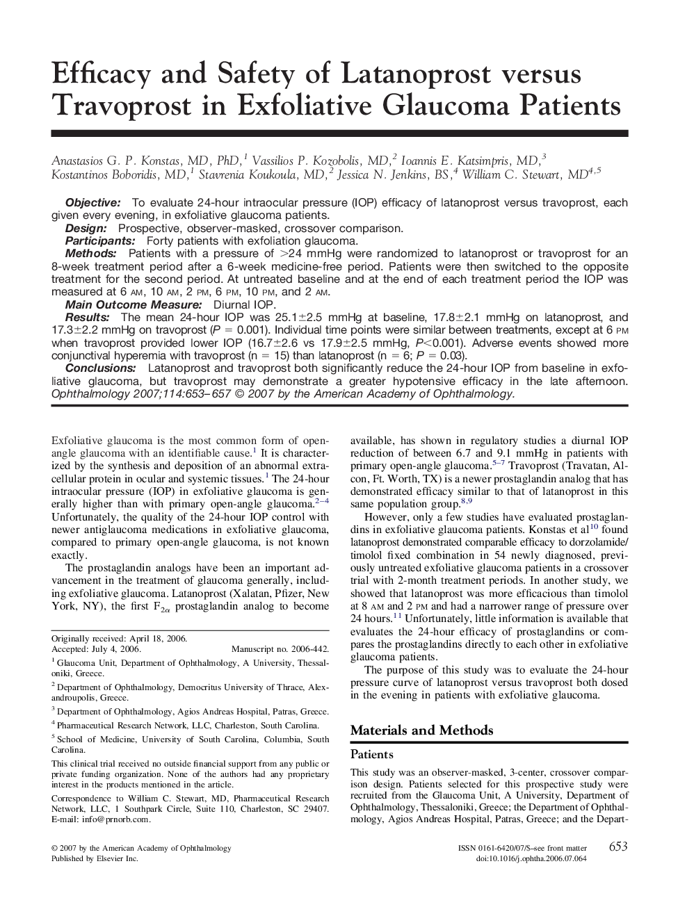 Efficacy and Safety of Latanoprost versus Travoprost in Exfoliative Glaucoma Patients 