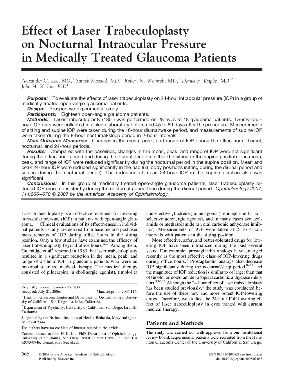 Effect of Laser Trabeculoplasty on Nocturnal Intraocular Pressure in Medically Treated Glaucoma Patients