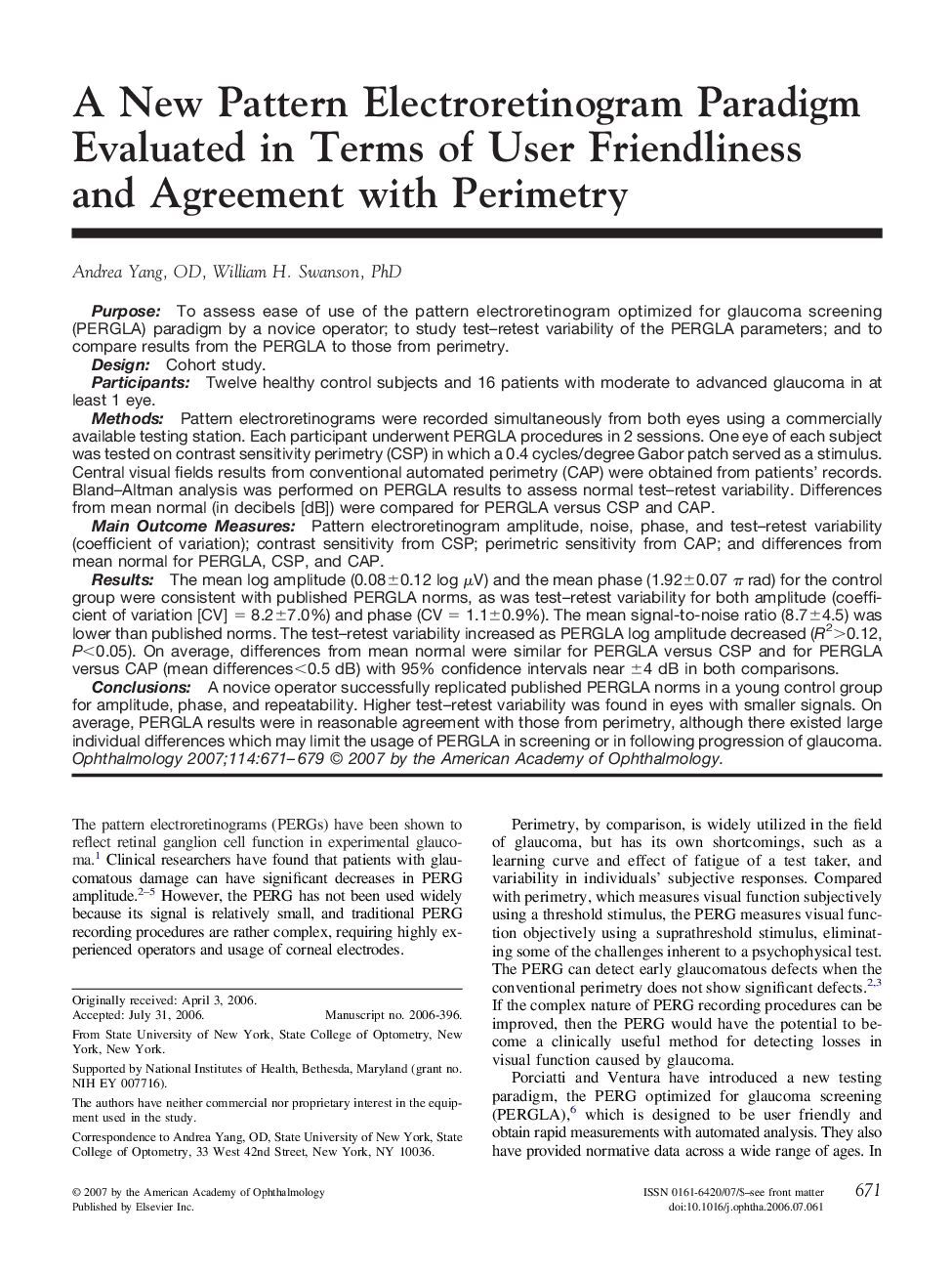 A New Pattern Electroretinogram Paradigm Evaluated in Terms of User Friendliness and Agreement with Perimetry