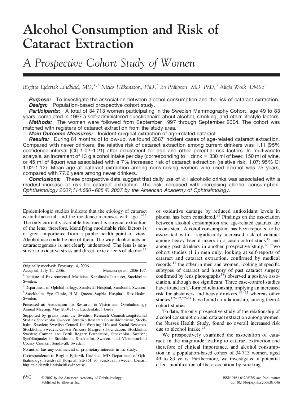 Alcohol Consumption and Risk of Cataract Extraction : A Prospective Cohort Study of Women